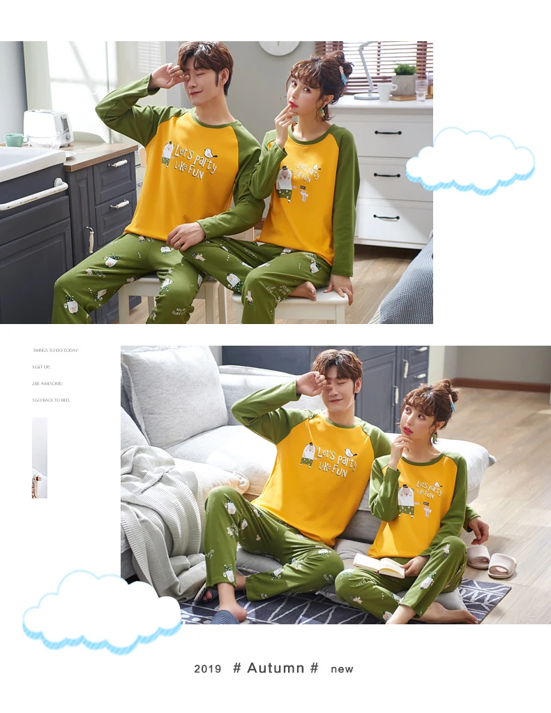 Autumn 100%Cotton Pajamas For Couple Cartoon Pajama Set Winter Pyjamas Women Long Sleeve Round Neck Cute Soft Plus Size Pijamas