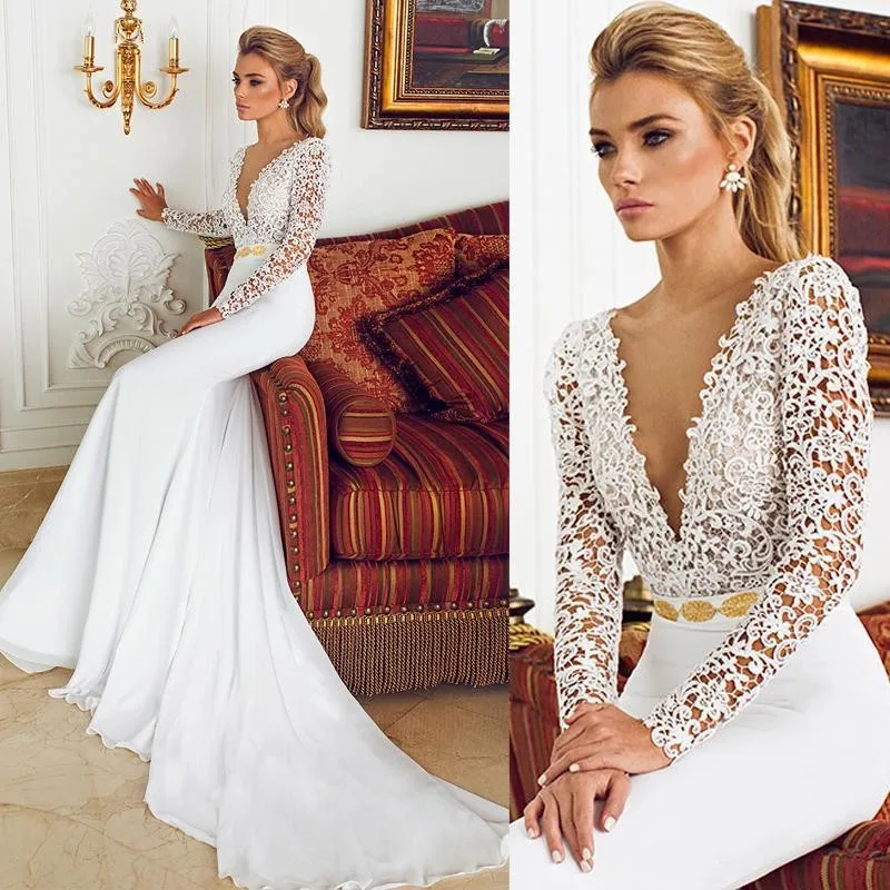 2016 Sexy Deep V-Neck Berta Lace Wedding Dresses Mermaid With Long Sleeve Vestido de Novia Vintage Wedding Dress Bridal Gowns 2