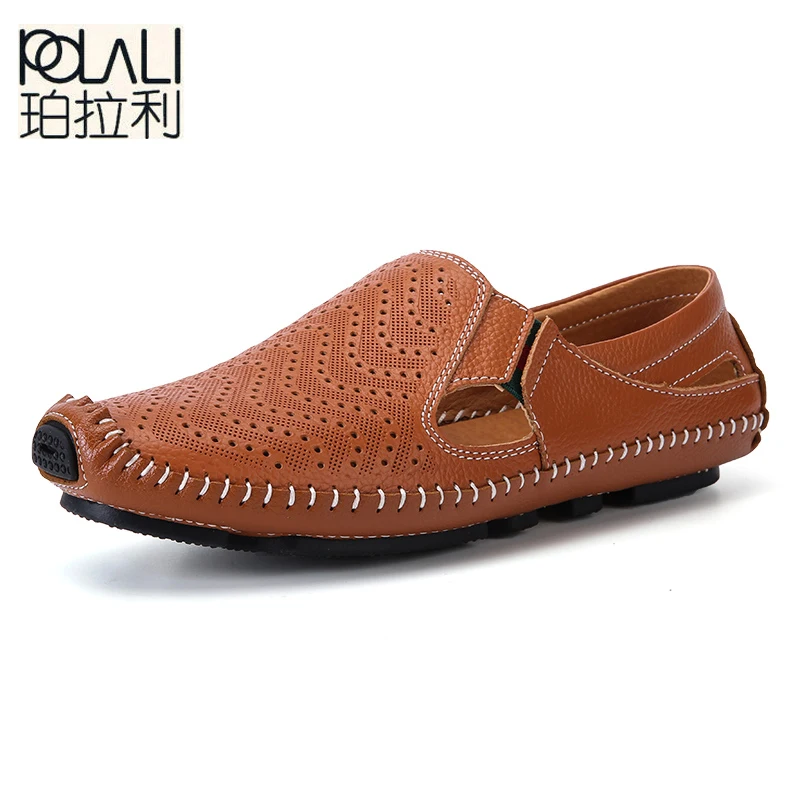 POLALI Men Driving Shoes Genuine Leather Good Quality Soft Men Loafers Comfortable Brown Yellow Blue White Plus Big Size 47