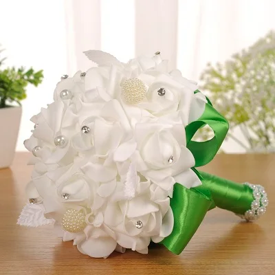 Зеленый Искусственные цветы для невесты букеты Boda Flores Ramos de Novia белый цветок красочная лента со стразами держатель для букетов свадебные аксессуары - Цвет: Зеленый