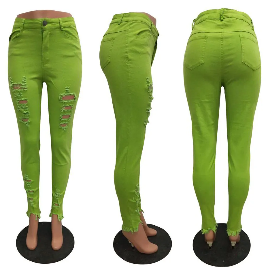 HAOYUAN неон плюс размер брюки с высокой талией женские праздничные стрейч отверстия повседневные джинсовые брюки уличная сексуальные джинсы узкие брюки - Цвет: neon green