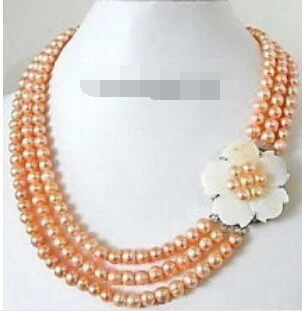 

Jewelr 005508 3 Rows Real Pink Pearl White Shell Flower 18KWGP Clasp Necklace