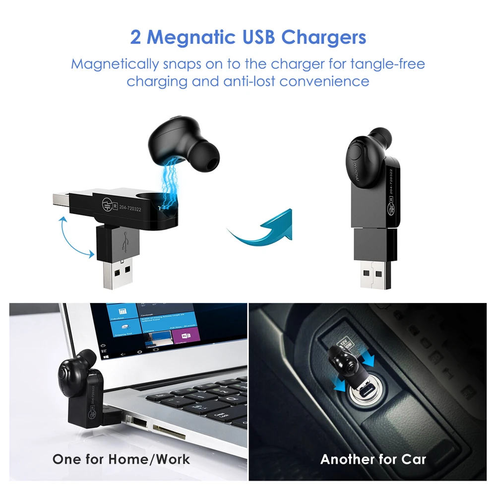 MPOW EM1 Single Bluetooth Earphone Wireless Earbud Mini Invisible Earpiece Earbud With Mic/2 Magnetic Chargers/Carrying Case