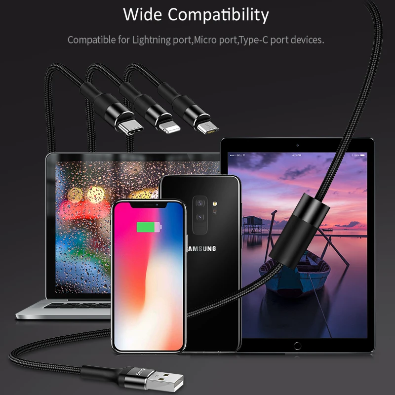 USAMS 3 в 1 кабель для передачи данных для мобильного телефона type C Micro USB для iPhone X 8 7 6 iPad Зарядка samsung Microusb USB C для освещения кабель
