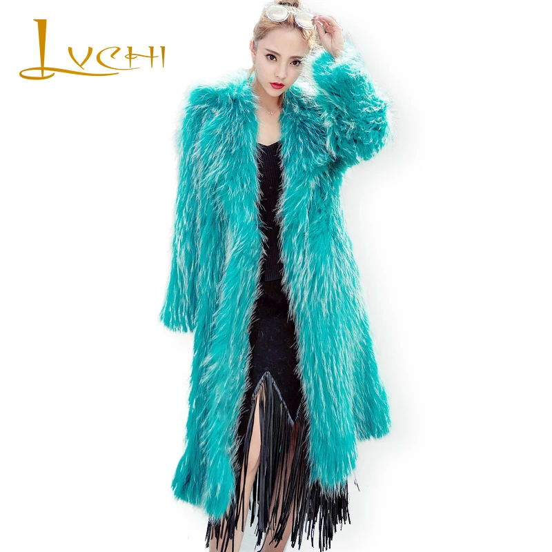 LVCHI Winter 2019 Long Sleeve Real Raccoon Dog Fur Coats V Neck Real