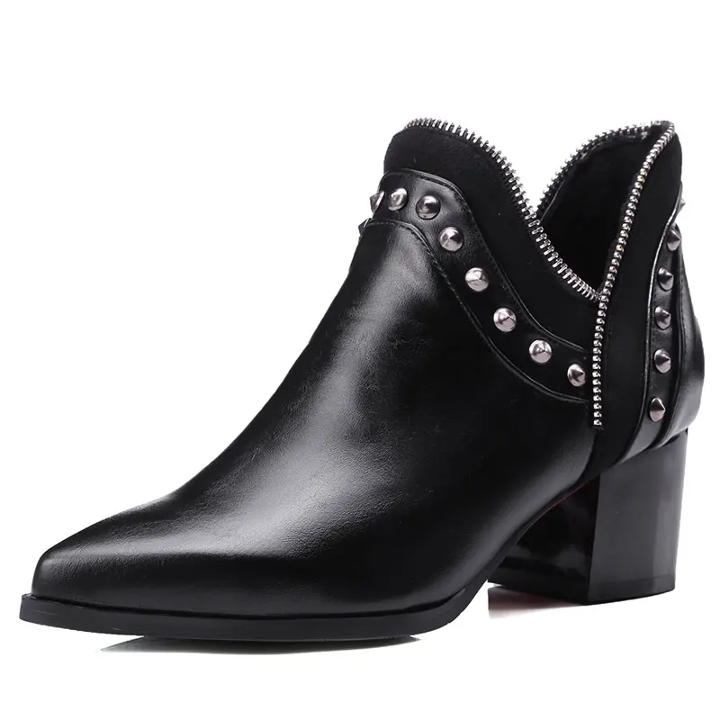 

Cow Muscle Bottom Sexy Pointed Toe Rivets Three Colors Ankle Boots Square Heels Women Pumps Autumn Lady Shoes Plus Size ZT369