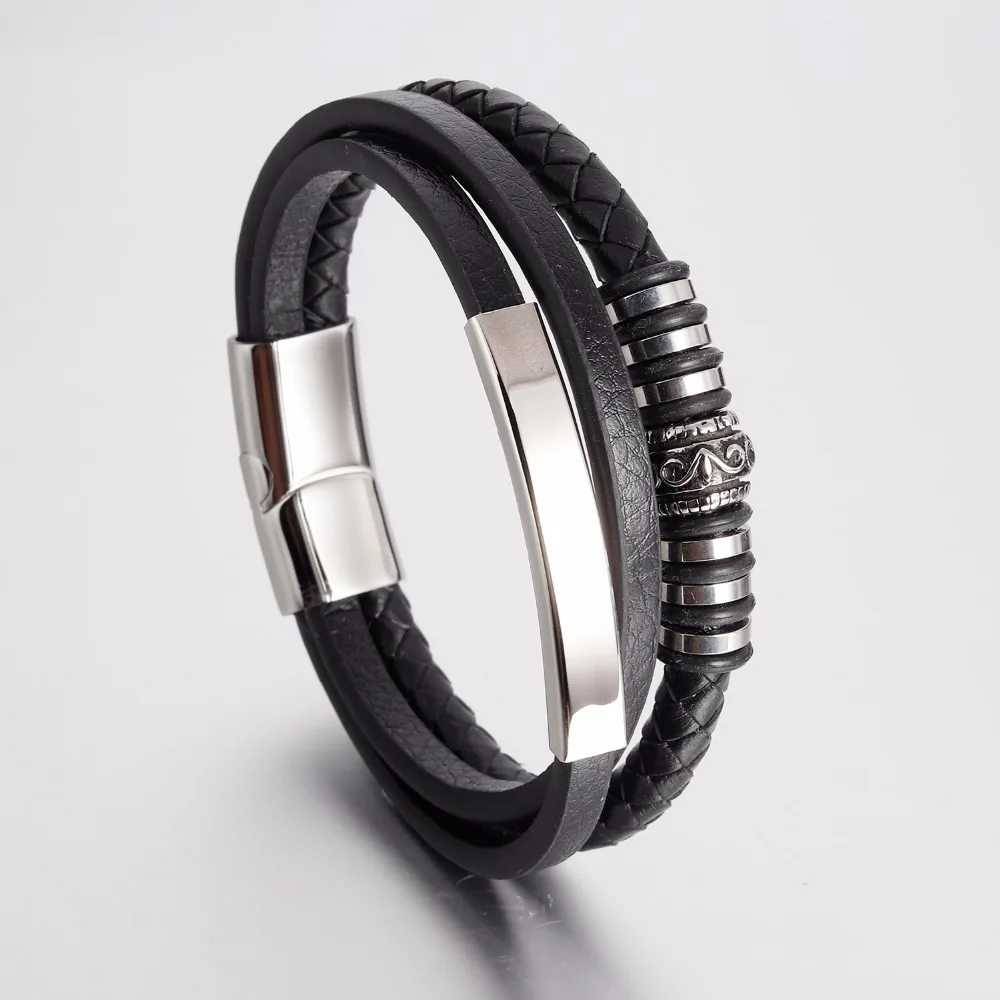 

New Fashion Multilayer Leather Bracelet for Men Jewelry Punk Stainless Steel Bangle Magnetic Buckle Black Gold Color