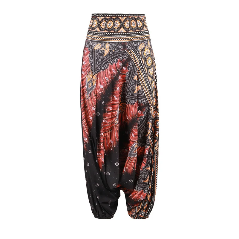 One Size Women Thai Indian Harem Trousers Comfy Boho Pants Long Beach Summer Pants Casual Loose Low Cut Floral Trousers