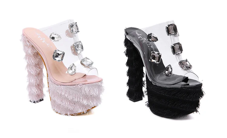 PVC High Heel Sandals Women Faux Fur Sexy Gladiator Sandals Women Thick Heel Transparent Rhinestone Glass Stone Platform Sandal