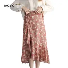 Летняя шифоновая с цветочным принтом пляжная юбка черный красный хаки зеленый пояс Длинные юбки оборки женские богемные миди Асимметричная юбка