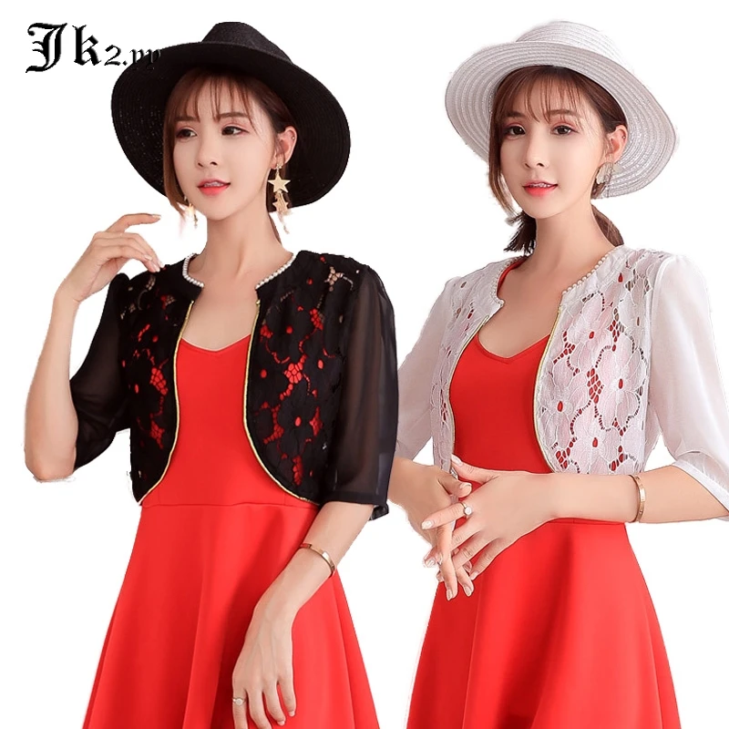 

Plus Size Women Pearls Patchwork Lace Short Jacket Chiffon Half Sleeve Thin Tops Slim Shawl Coat Black White L- 3XL 4XL JK9683