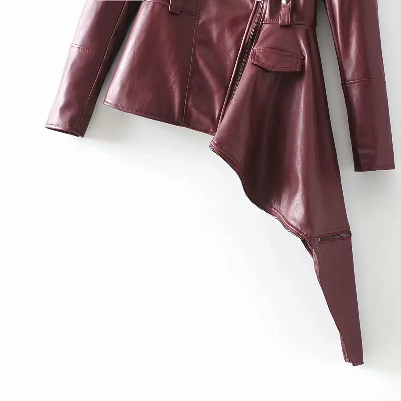 VOGUEIN новые женские PU искусственная кожа черный/бордовый Асимметричный жакет пальто