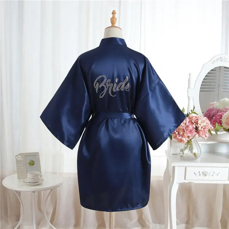 Со стразами косметический Одежда Свадебные халат кимоно из вискозы пижамы Глубокий v-образная Пижама Туалетная Ванна платье спа ночная рубашка - Цвет: Navy Blue A