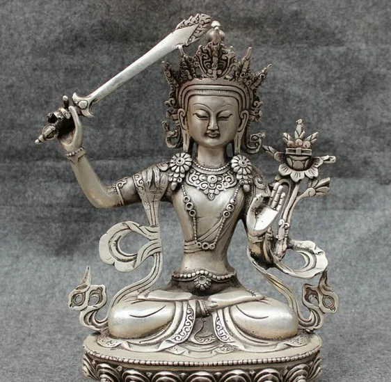 YM 317 11 дюймов тибетское серебро буддизм Protect Manjuist Manjushri статуя Будды латунная Joss |