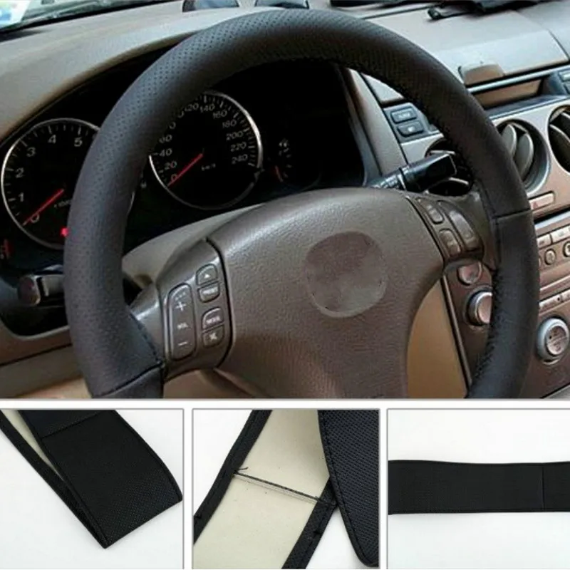 1/2 Piece DIY Black Leather Car Steering Wheel Cover With Needles