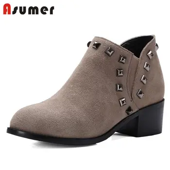 

ASUMER BIG SIZE 32-43 2020 HOT fashion rivet cow suede leather ankle boots women square med heels round toe boots casual shoes