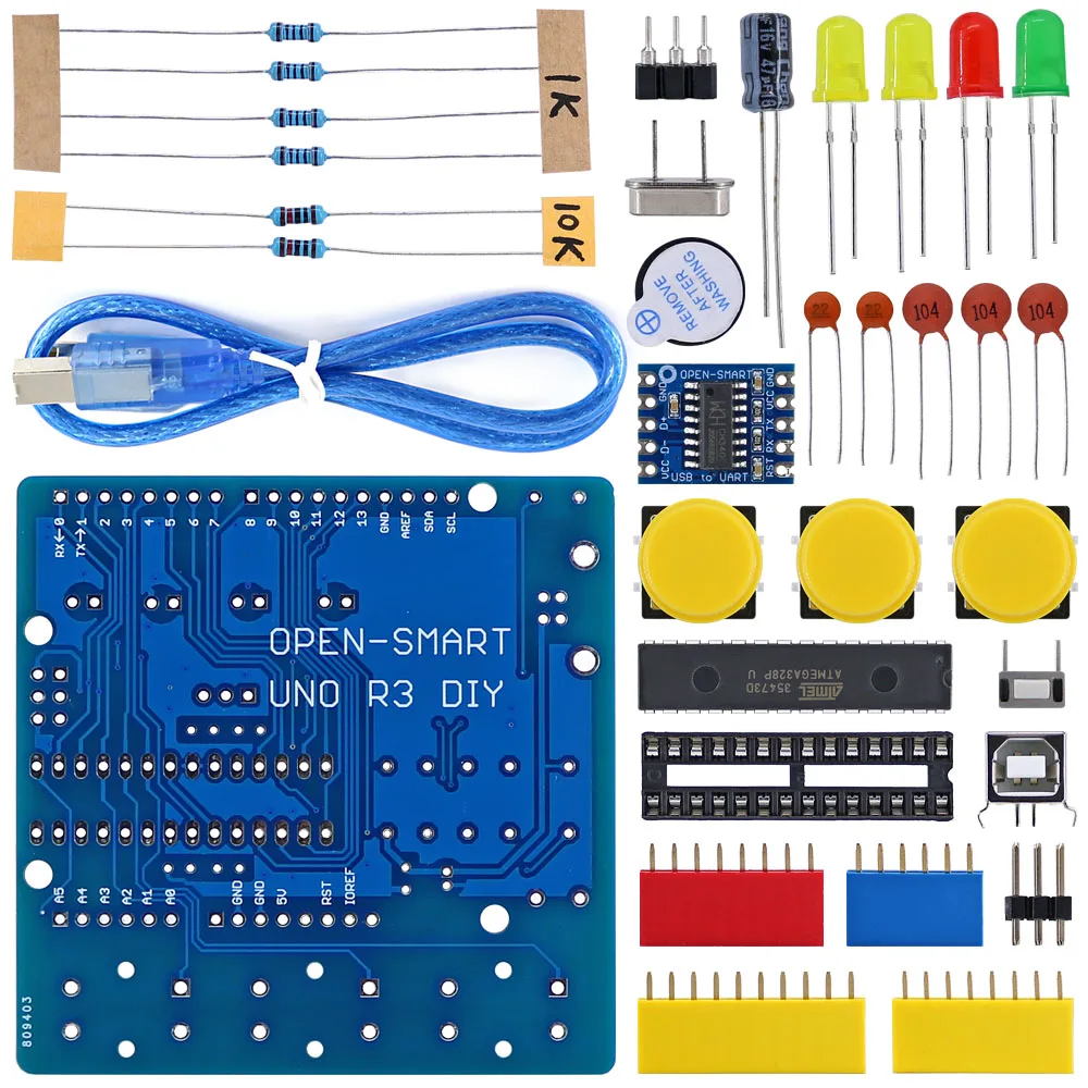 Открытый Смарт UNO R3 DIY ATmega328P макетная плата CH340 драйвер пайки части комплект с зуммер светодиодный кнопка для Arduino UNO r3-b