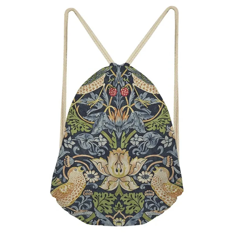 THIKIN William Morris Print Women Drawstring Bags Fashion Mini String Rucksacks for Female Reusable Storage Backpacks