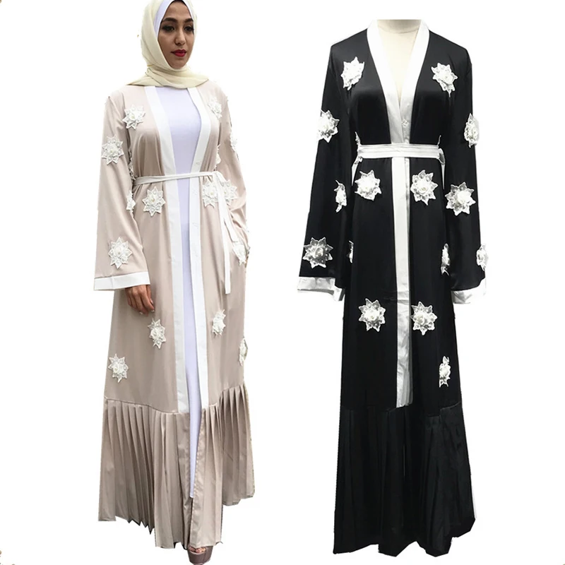 

Abaya Kimono Dubai Muslim Dress Robe Long Pleated Pearls Floral Cardigan Hijab Dress Turkish Islamic Clothing Abayas For Women