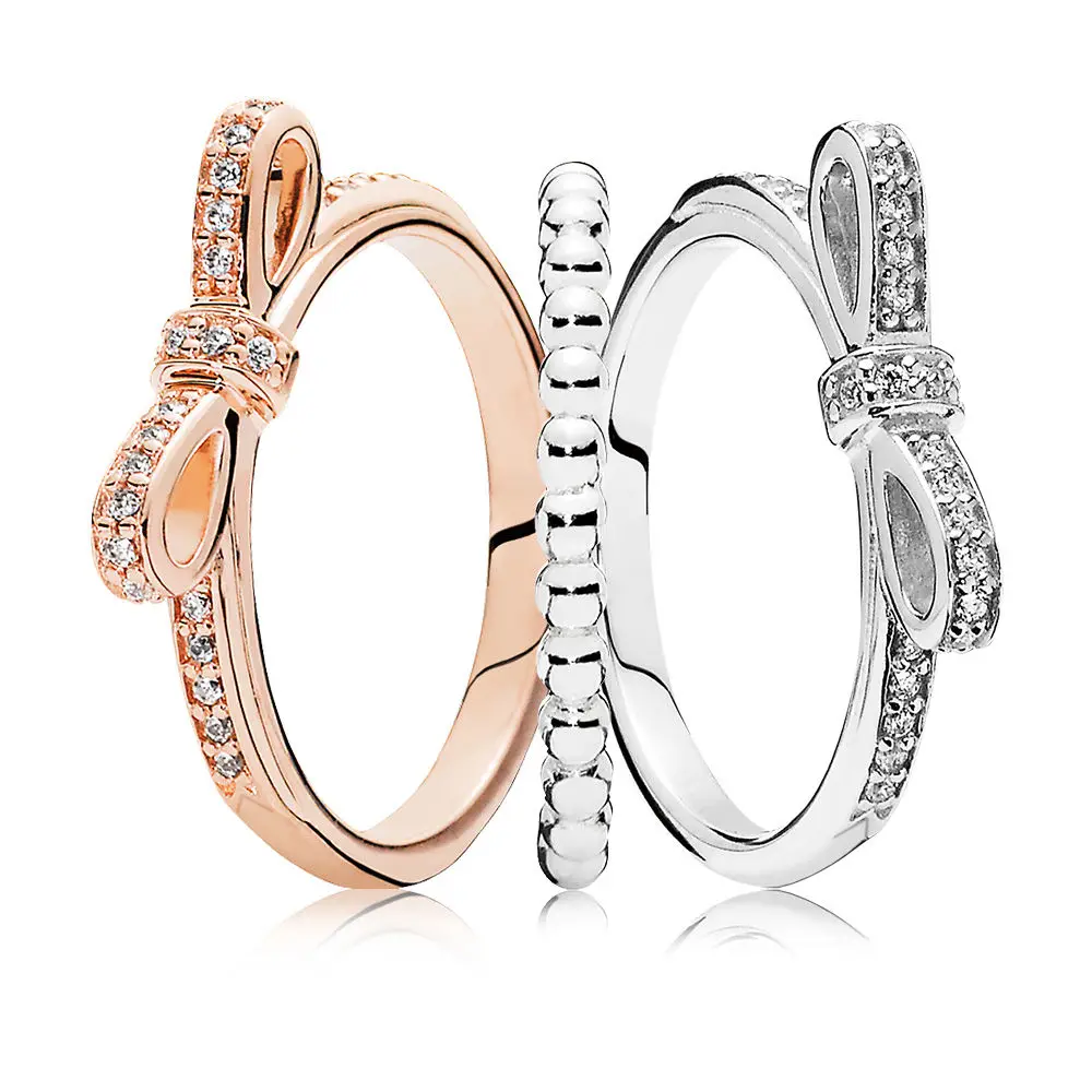 

100% 925 Sterling Silver SALE - Two-Tone Bow Ring Stack Charms Rings Fit DIY Original Jewelry A set of prices