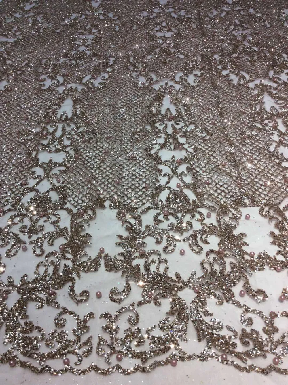 

ap233 # 5 yards champagne gold pearls dobby print glued glitter tulle mesh sugar bridal lace fabric for sawing dress