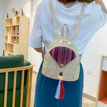 

2019 Hot New Women Girl Mini Straw Backpack Tassel Satchel Bag Summer Beach Handbag Fashion Tote White Beige