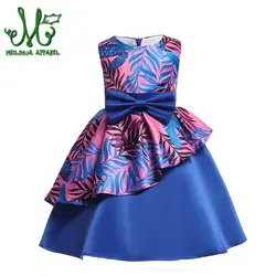 Одежда для девочек нерегулярные в полоску с бантом Платье принцессы для девочек для вечеринки, дня рождения праздничный синий цветок