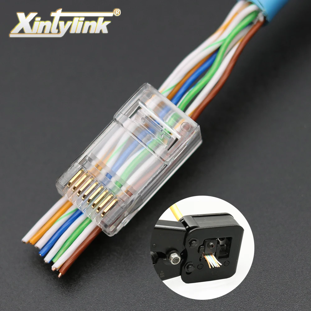 xintylink EZ rj45 connector ethernet cable plug cat6 network 8P8C gold plated unshielded modular utp terminals have hole 50pcs xintylink 50pcs rj45 connector rj45 plug cat6 network connector gold plated utp male 8p8c unshielded ethernet connector load bar