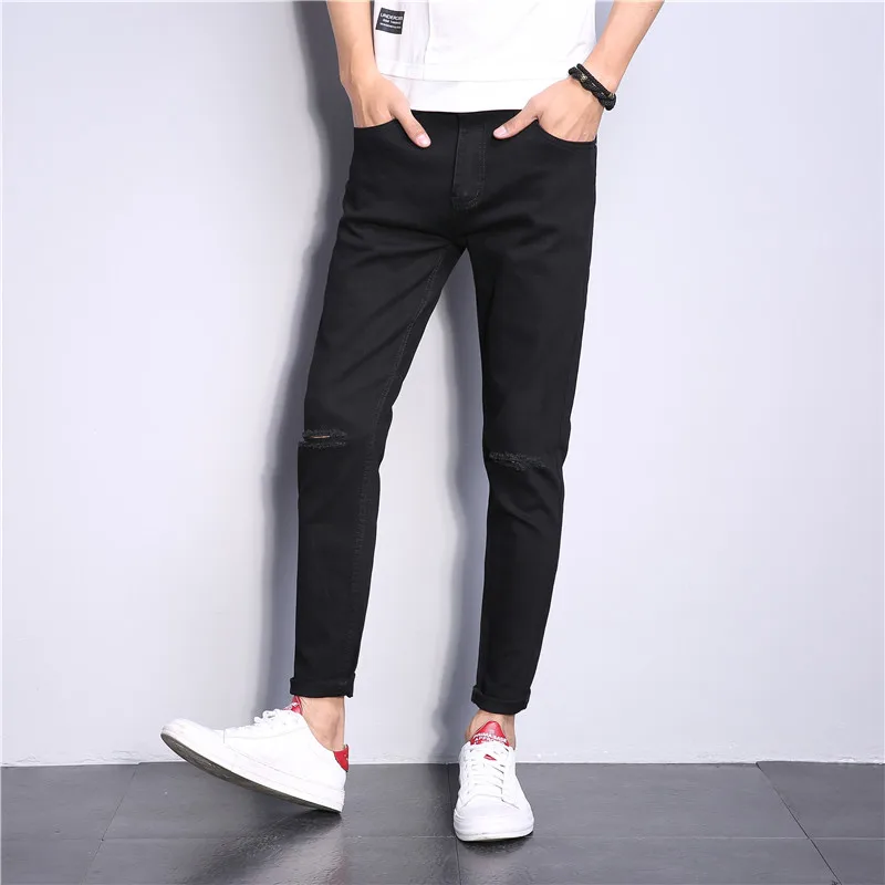 

2019 New men skinny ripped Stretch black jeans Fashion Brand Men hip hop motorcycle Solid color Knee hole Jogger denim pants