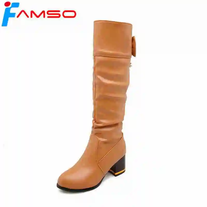 

FAMSO 2018 New Women Boots Black Autumn Knee High Boots Designer Thick Heels Platforms Winter Motorcycle Boots Shoes For Lady