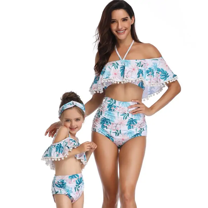 Семейные комплекты одежды, купальные костюмы для мамы и дочки, комплект бикини для девочек и детей, пляжный купальник, платья для мам и малышей - Цвет: RL614 Blue