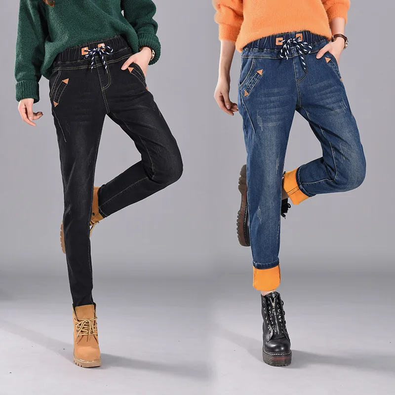 Women Jeans Warm Big Size 5XL Winter Fleece befree Trousers Female High Waisted Elastic Velvet Thickening Loose mom Jeans