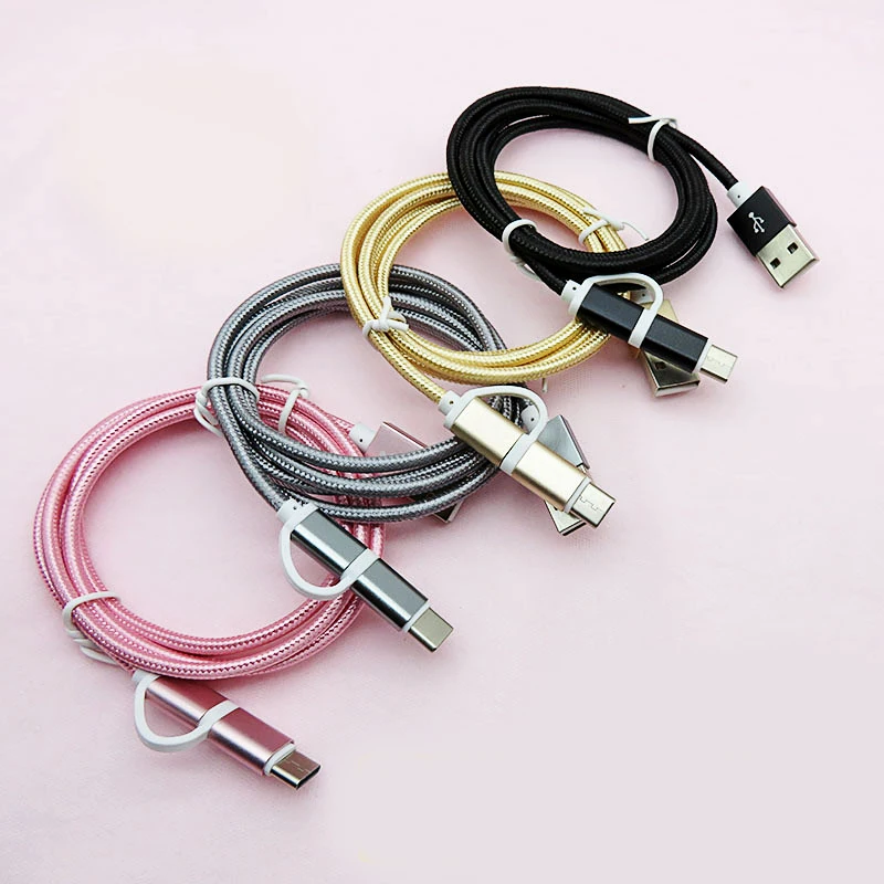 2 в 1 USB кабель type C Micro USB кабель для быстрой зарядки многофункциональный USB C нейлоновая оплетка для samsung 9 Android кабели для мобильных телефонов