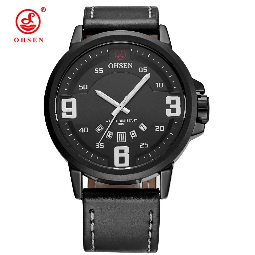 

NEW Arrival Montre Homme OHSEN Fashion Brand Male Quartz Watch Men Black Wristwatch Leather Band Date Display Mans Watch Relogio