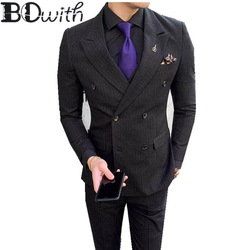 

Black Men Suit Peaked Collar Double Breasted Slim Fit 3 Pieces Jacket+Pants+Vest For Wedding Groom Tuxedos Formal Suits