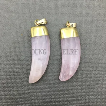 

MY0603 Horn Tusk Rose Quartzs Pendant with Pure Gold Color Cap.Pink Crystal Charm Necklace Pendant