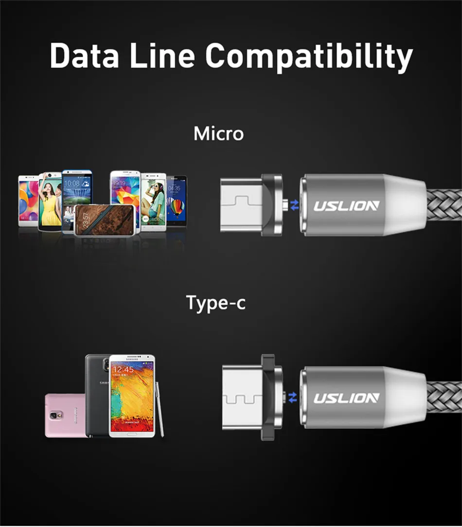 USLION светодиодный магнитный usb-кабель для микро-usb type-C телефонный кабель для samsung S10 S9 Xiaomi huawei для iPhone XS магнитный разъем для зарядки
