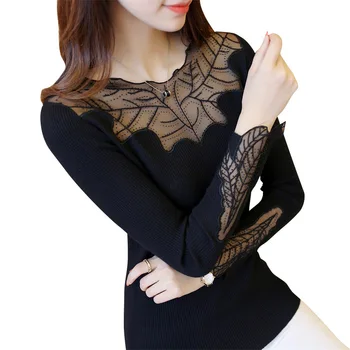 

2017 New Autumn Winter Knitted Solid Color Sweater Lace Stitching Slim Sweater Women Knitted Sweater Elegant Pullover Sweater