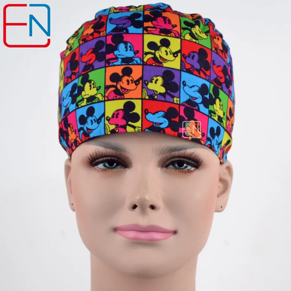 

Hennar 2018 Catoon Print Surgical Cap Women Cosmetologist Pet Hospital Nurses Cotton Work Cap Masks Adjustable Medical Hats Mask