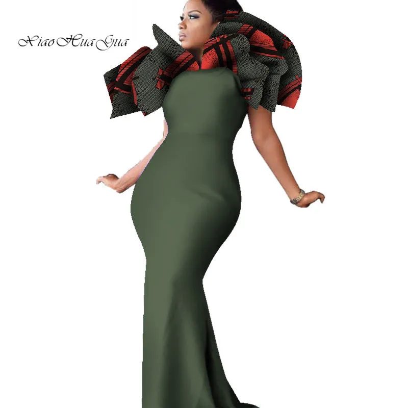 Женские африканские сексуальные платья модные оборки лепесток шеи Bodycon длинное платье русалки Африканский принт хлопок Вечернее платье