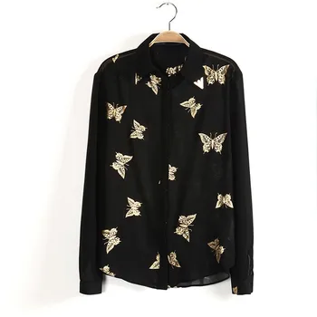 

on sale,Free shipping,Vintage turn-down collar rivet bronzier butterfly pattern full sleeve shirt chiffon women's shirt