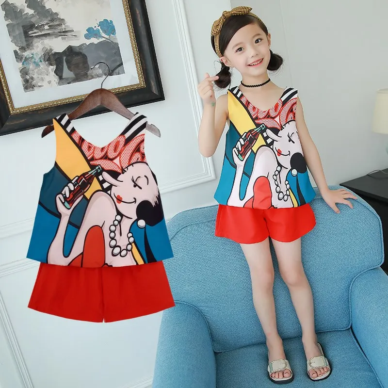 

2Pcs Teen Girls Clothes 3 6 8 10 12 Year Summer Big Girl Clothing Set Outfits Cartoon Print Shirt Tops + shorts Clothes Set 2019