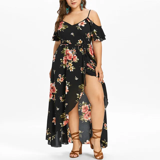 Plus Size 5XL Off Shoudler Boho Dress Ruffle Beach Flower strap Summer Dress Floral Print Tunic Maxi Long Dresses Big Size