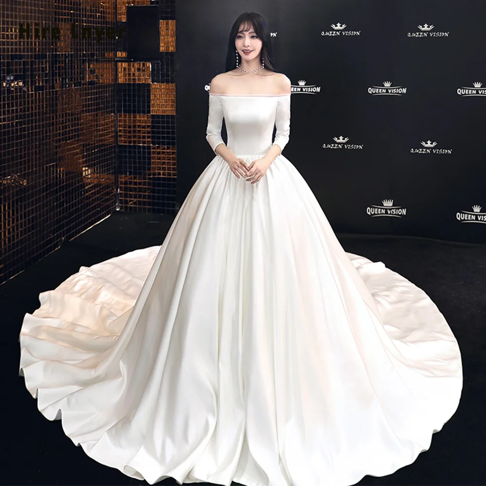 Vestidos De Casamento Boat Neck Three Quarter Sleeve Lace Up Back Simple France Satin Ball Gown Wedding Dress Plus Size | Свадьбы и