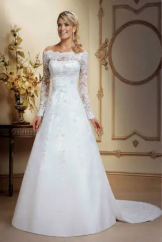 Hot Selling White Ivory New Off-the-shoulder Detachable Train A-Line Lace Vintage Long Sleeve Wedding Dresses Bridal Gowns W1019 | Свадьбы и