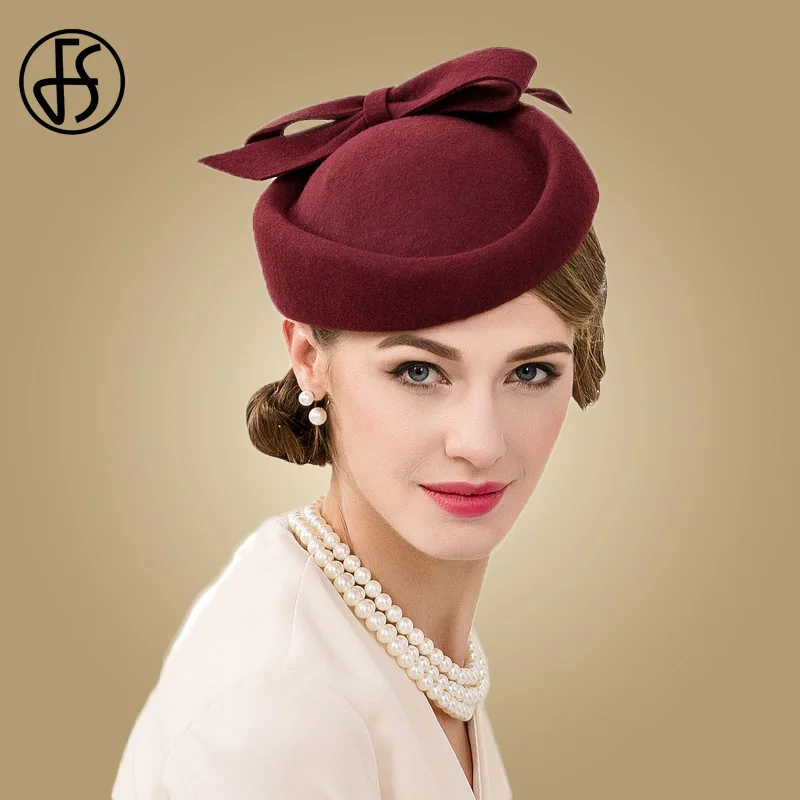 FS British Style Wine Red Pillbox Hat For Women Vintage 100 Pure Wool