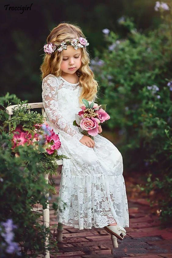 Кружевные платья цвета слоновой кости с цветочным узором для девочек на свадьбу, длинные рукава, длина до пола, бохо, Детские платья для