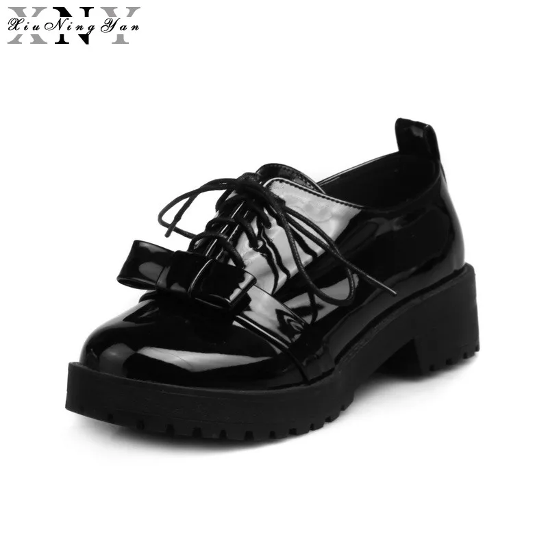 

XiuNingYan 2018 Spring New Patent Leather Female Casual Shoes Women Flat Shoes Black Metal Buckle Bowtie Loafers Woman Oxfords