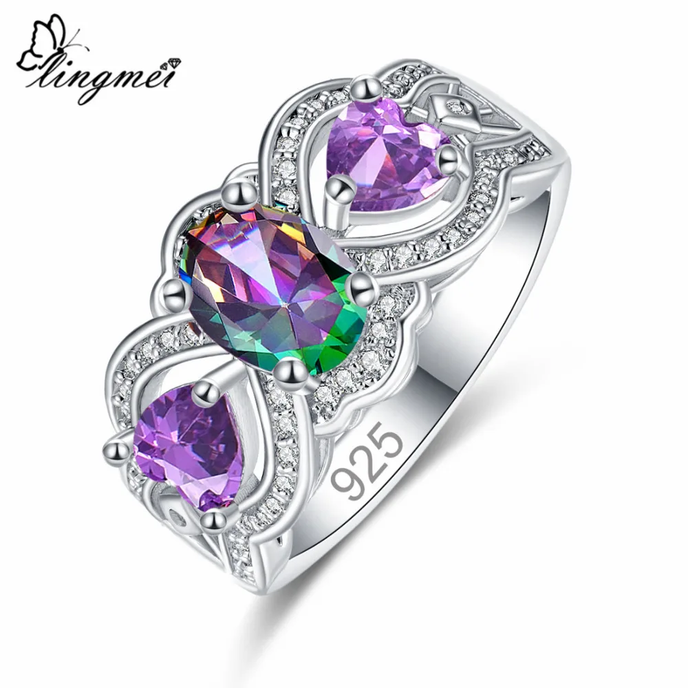 

Lingmei Engagement Fashion Cocaktil Oval Heart Jewelry Purple & Multicolor & White & Red & White Zircon Silver Ring Size 6 7 8 9