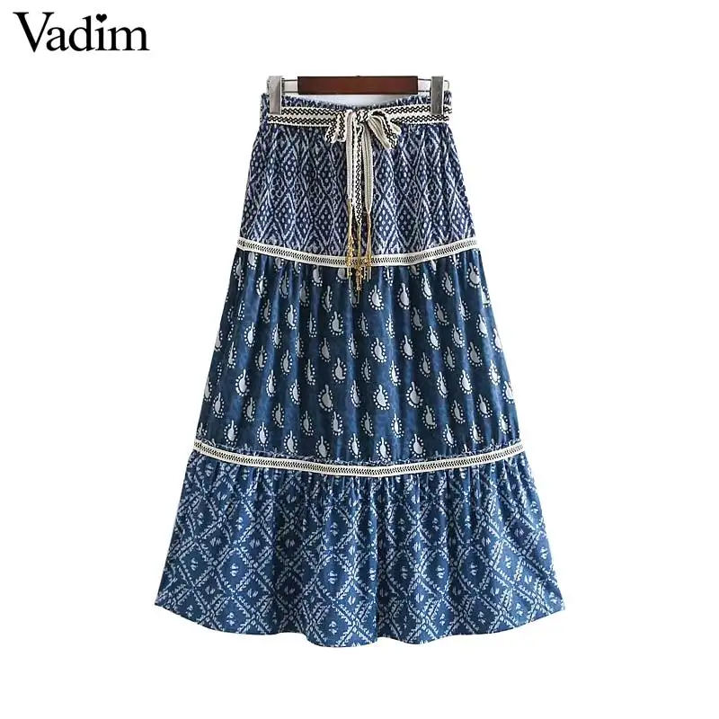

Vadim women print skirt vintage elastic waist sashes A line female casual blue ankle length skirts chic faldas mujer BA542